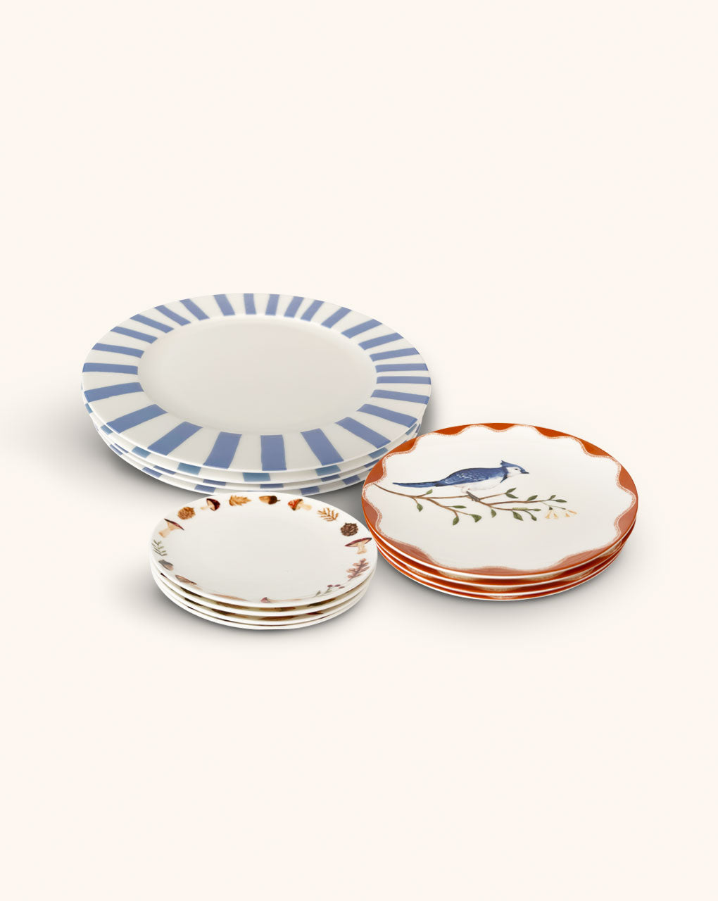 Set de Vajilla con 4 Platos Trinche Candy Cane Azul, 4 Platos Ensalada Pájaro Azul y 4 Platos Pan con Orilla de Hongos y Hojas