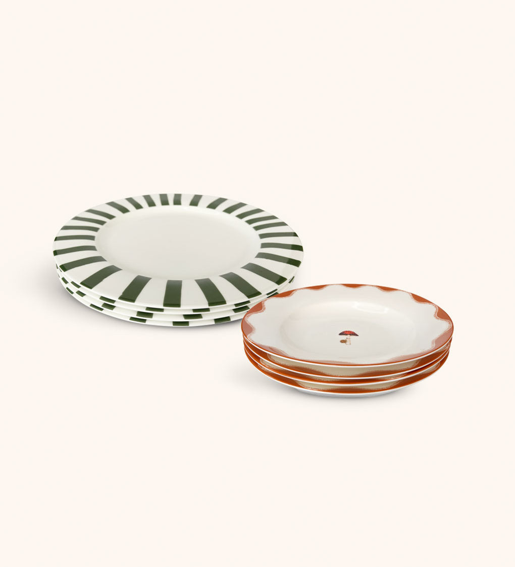 Set de Vajilla con 4 Platos Trinche Candy Cane Verde Bosque y 4 Platos Soperos con Orilla de Hongos y Hojas