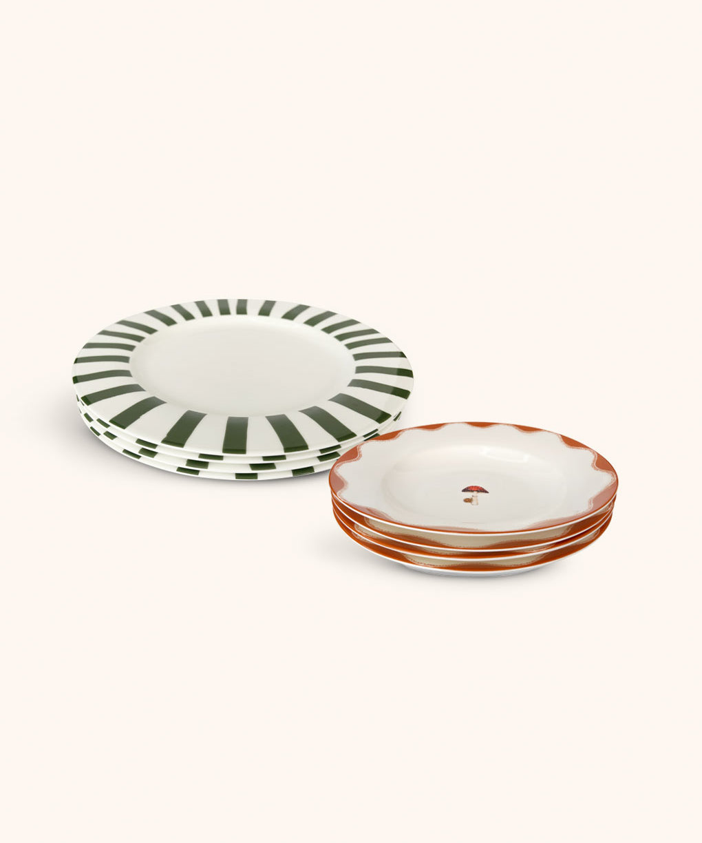 Set de Vajilla con 4 Platos Trinche Candy Cane Verde Bosque y 4 Platos Soperos con Orilla de Hongos y Hojas