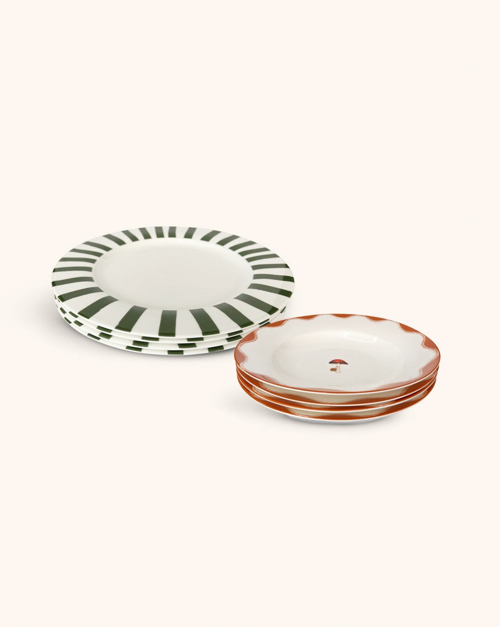 Set de Vajilla con 4 Platos Trinche Candy Cane Verde Bosque y 4 Platos Soperos con Orilla de Hongos y Hojas