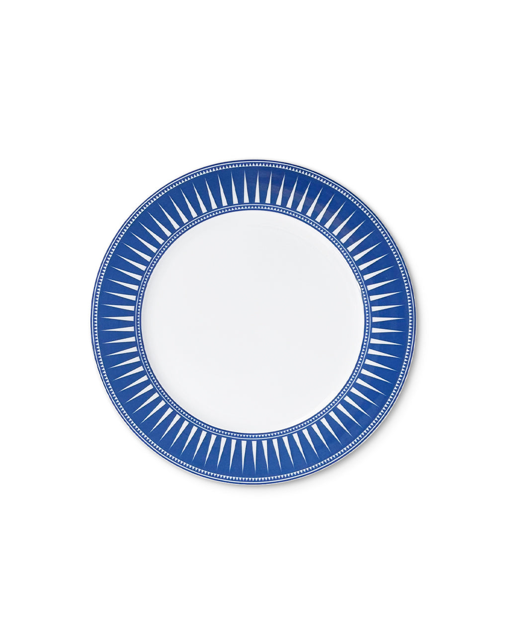 Plato para ensalada de porcelana blanca con orilla azul decorada con rayos, de la colección Identidad diseñada por Sofía Aspe Interiorismo para Zash