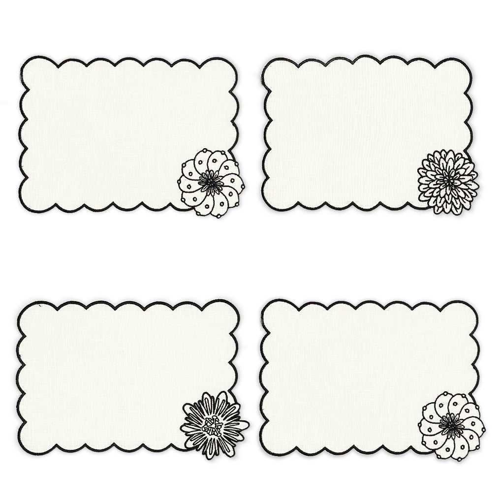 Set de 4 Cocteleras Identidad en Lino Blanco con bordado de Biznaga, Paciflora y Dalia Negras, diseñadas por Sofía Aspe Interiorismo para Zash