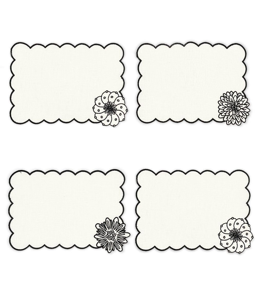 Set de 4 Cocteleras Identidad en Lino Blanco con bordado de Biznaga, Paciflora y Dalia Negras, diseñadas por Sofía Aspe Interiorismo para Zash