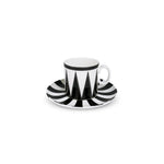 Taza de espresso con platito de porcelana blanco con rayas negras, diseñado por Sofía Aspe Interiorismo para Zash