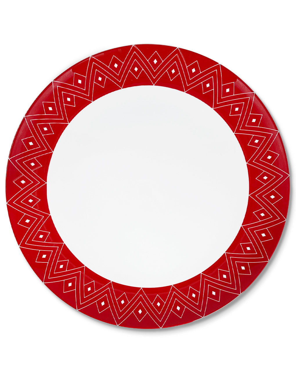 Bajoplato de porcelana blanco con borde en decoración geométrica en color rojo, de la colección Identidad diseñado por Sofía Aspe Interiorismo para Zash