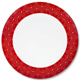 Bajoplato de porcelana blanco con borde en decoración geométrica en color rojo, de la colección Identidad diseñado por Sofía Aspe Interiorismo para Zash