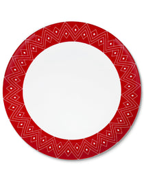 Bajoplato de porcelana blanco con borde en decoración geométrica en color rojo, de la colección Identidad diseñado por Sofía Aspe Interiorismo para Zash