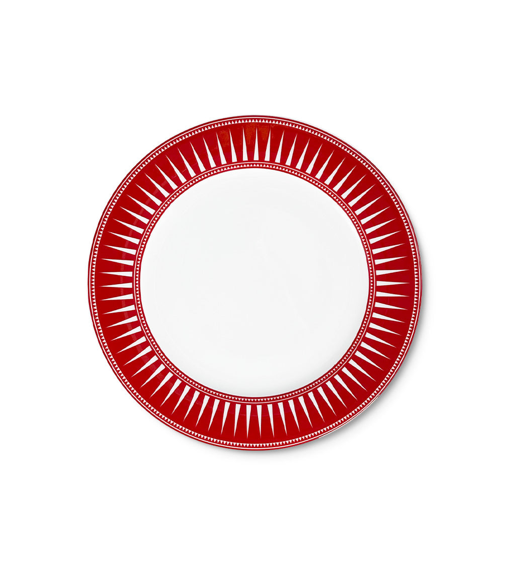 Plato de ensalada de porcelana blanco con borde rojo con rayos, colección Identidad diseñado por Sofía Aspe Interiorismo para Zash