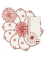 Set de Mantelería Identidad con Individuales, Servilletas y Coasters en Lino Blanco con Bordado en Rojo . Set para 4 personas