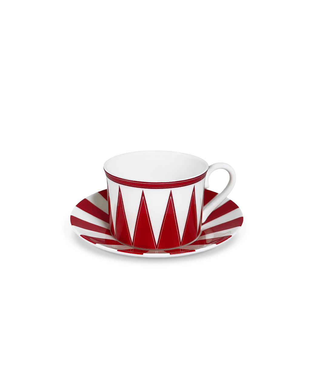 Taza de té de porcelana blanca con rayas rojas, de la colección Identidad diseñada por Sofía Aspe Interiorismo para Zash