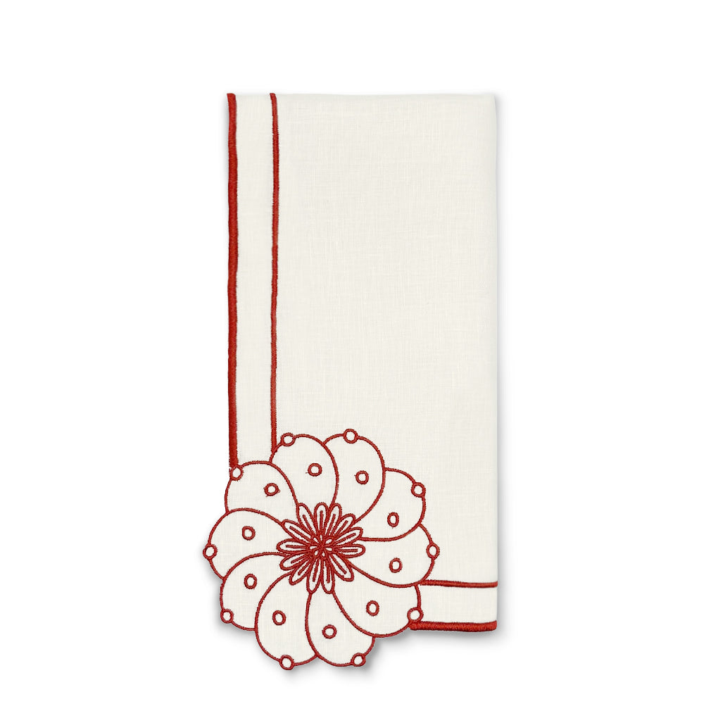 Servilleta Identidad en Lino Blanco con Bordado de Biznaga en Rojo, diseñadas por Sofía Aspe Interiorismo para Zash