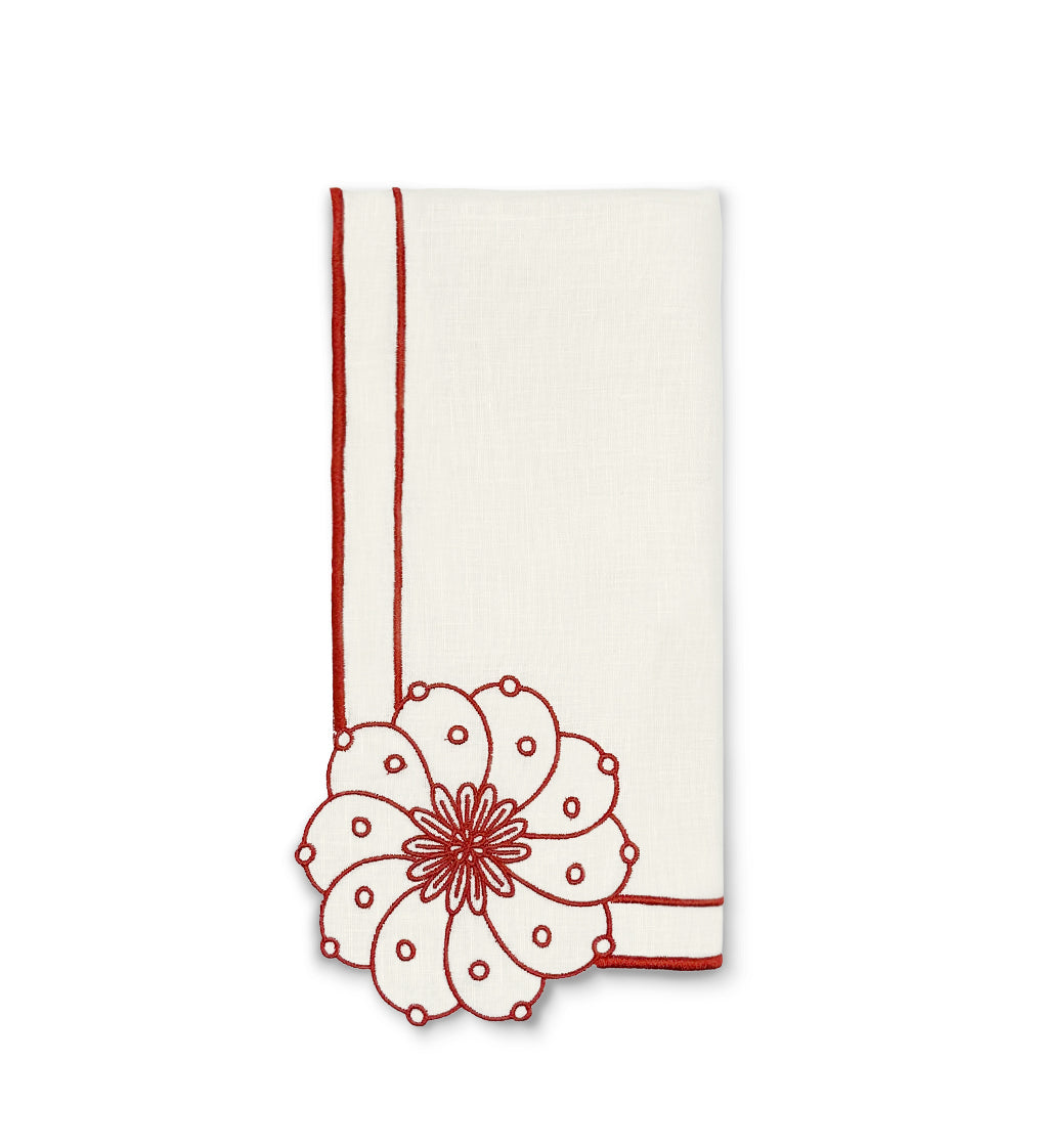 Servilleta Identidad en Lino Blanco con Bordado de Biznaga en Rojo, diseñadas por Sofía Aspe Interiorismo para Zash