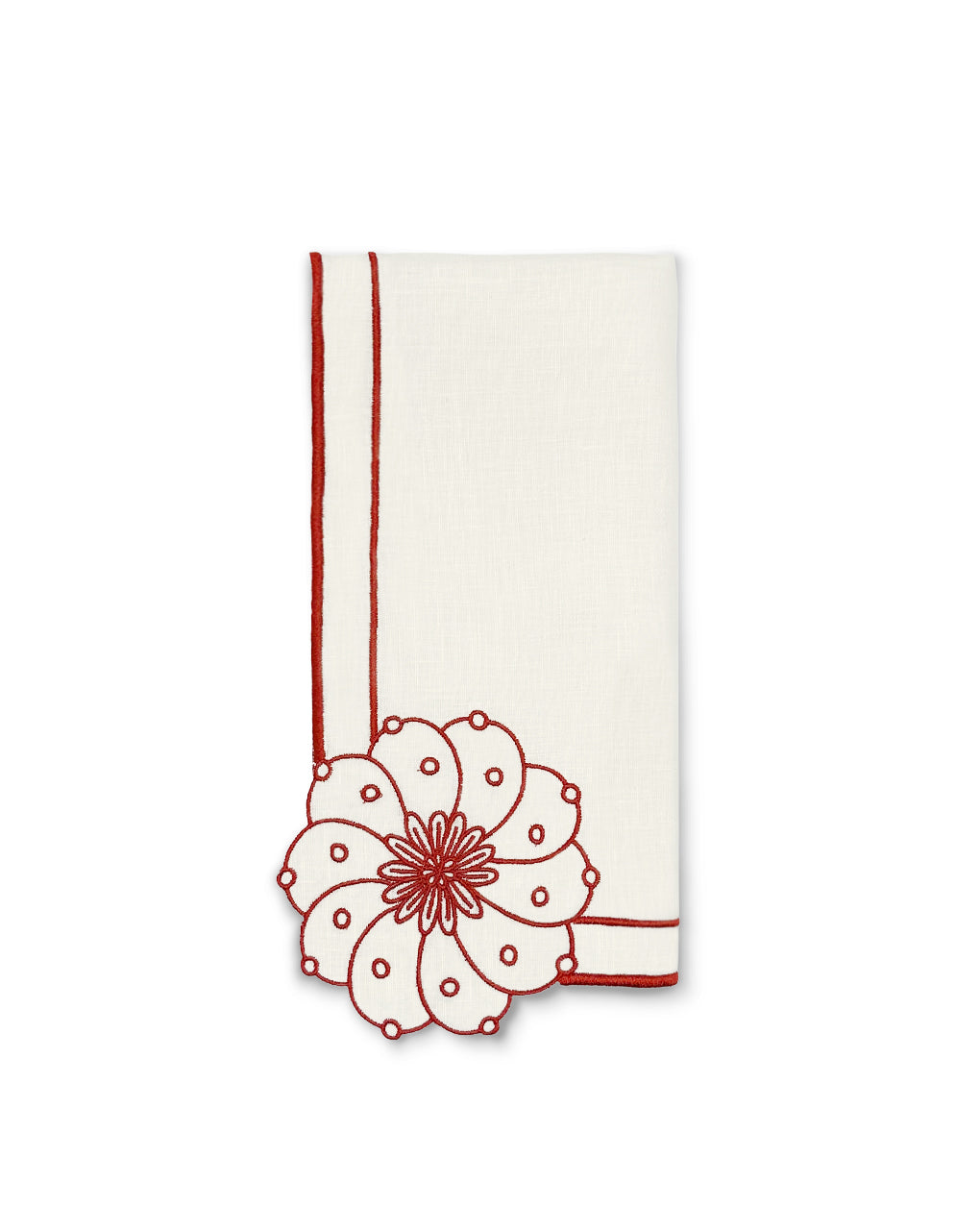 Servilleta Identidad en Lino Blanco con Bordado de Biznaga en Rojo, diseñadas por Sofía Aspe Interiorismo para Zash