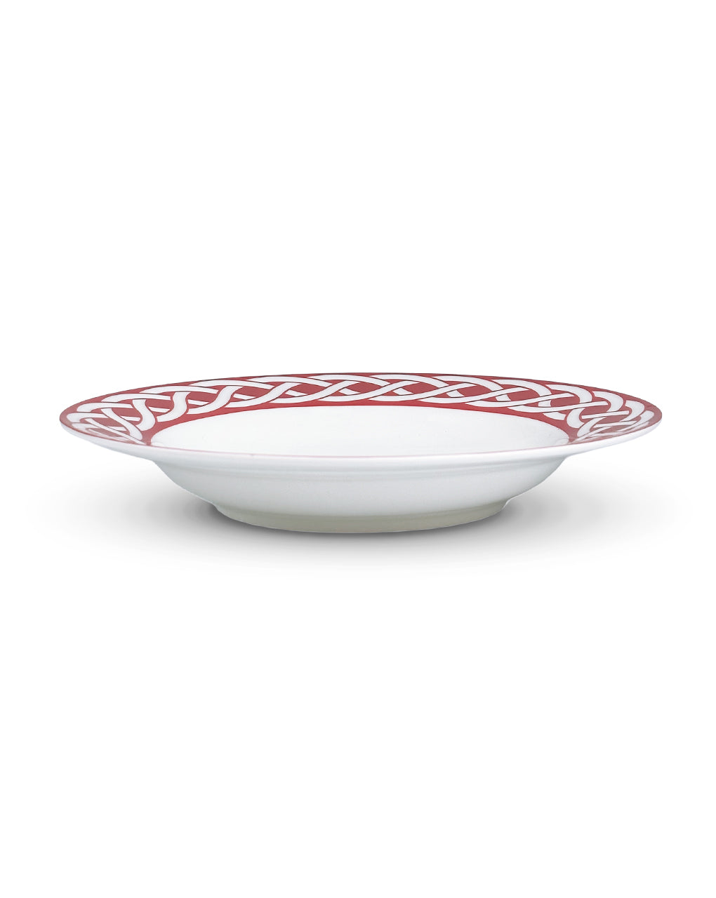 Plato sopero de porcelana blanca con orilla decorada con rojo, de la colección Identidad diseñada por Sofía Aspe Interiorismo para Zash