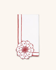 Servilletas Identidad en Lino Blanco con Bordado de Biznaga en Rojo. Set de 4