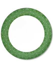 Bajoplato de porcelana blanca con orilla verde con decoración geométrica, de la colección Identidad diseñada por Sofía Aspe para Zash