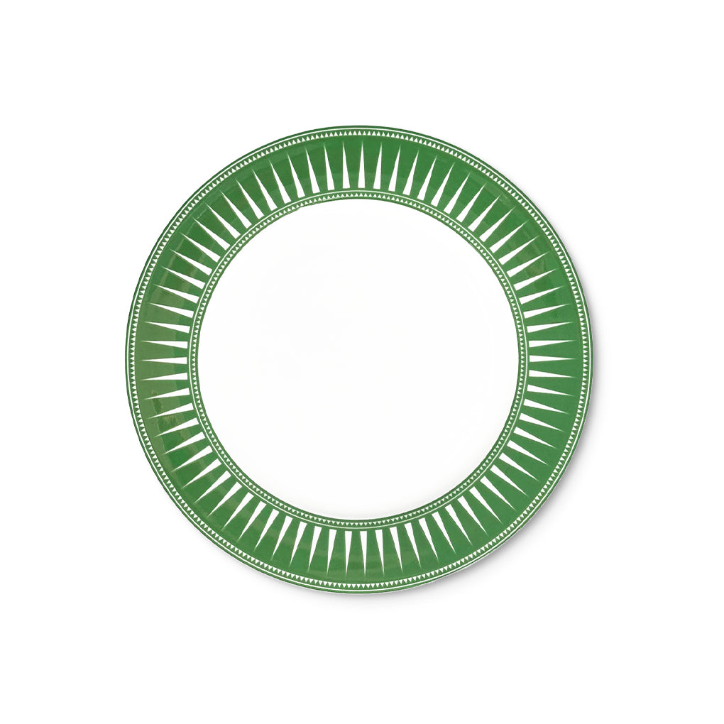 Plato para ensalada de porcelana blanco con orilla verde con rayos, de la colección Identidad diseñada por Sofía Aspe Interiorismo para Zash