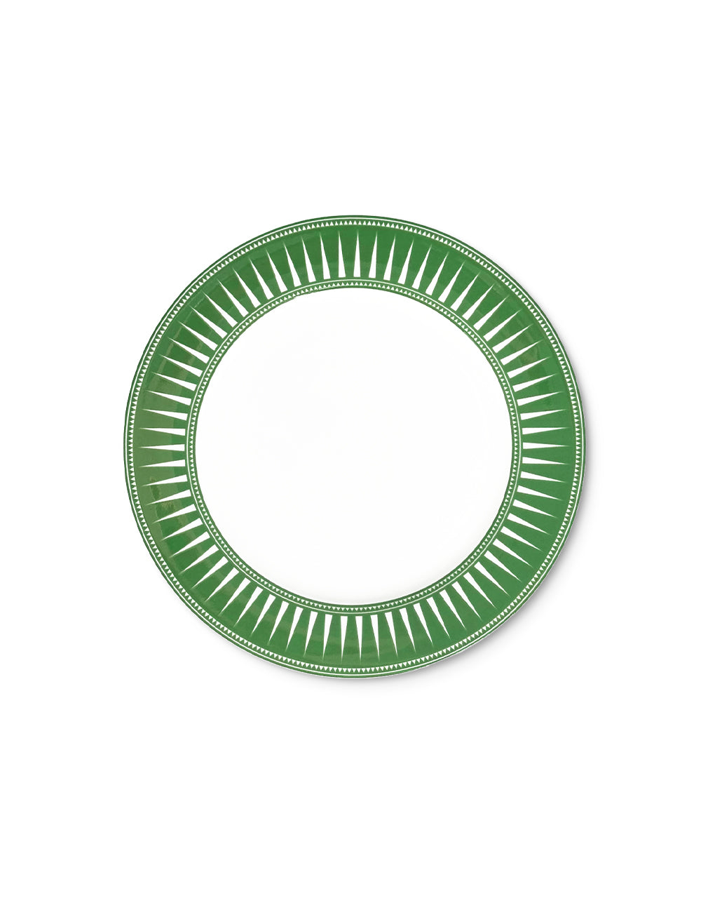 Plato para ensalada de porcelana blanco con orilla verde con rayos, de la colección Identidad diseñada por Sofía Aspe Interiorismo para Zash