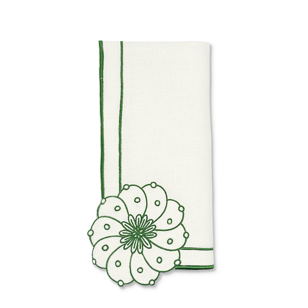 Servilleta Identidad en Lino Blanco con Bordado de Biznaga en Verde, diseñadas por Sofía Aspe Interiorismo para Zash