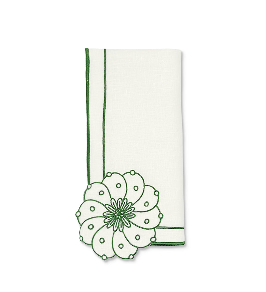 Servilleta Identidad en Lino Blanco con Bordado de Biznaga en Verde, diseñadas por Sofía Aspe Interiorismo para Zash