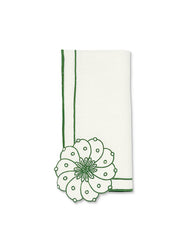 Servilletas Identidad en Lino Blanco con Bordado de Biznaga en Verde. Set de 4