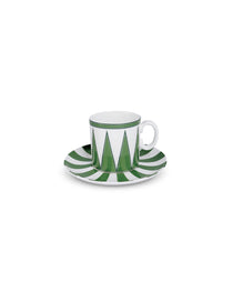 Taza de espresso de porcelana blanco con rayas verdes, de la colección Identidad diseñada por Sofía Aspe Interiorismo para Zash