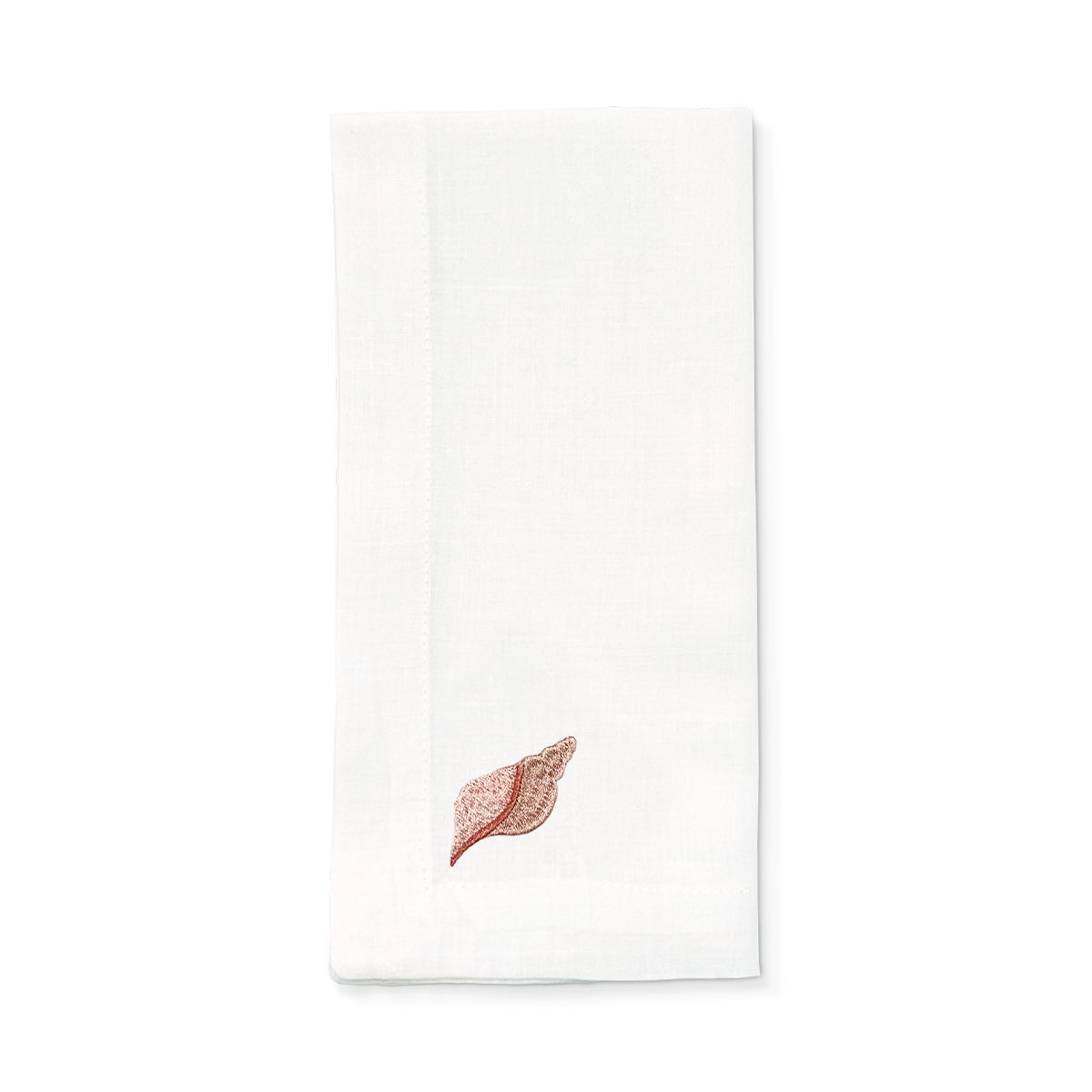 Servilleta de lino blanco con bordado de caracol de mar en rosa, marca Zash