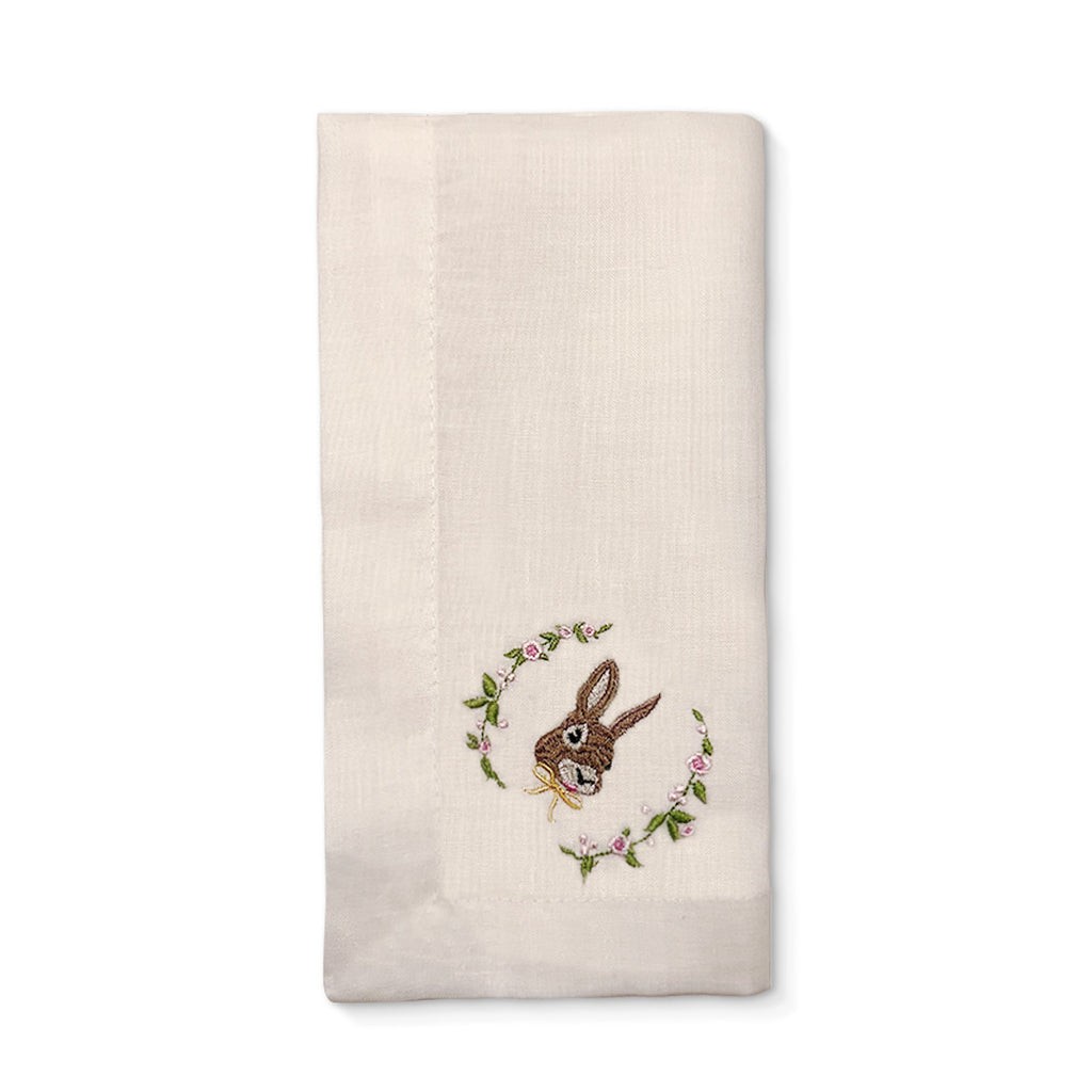 Servilleta de Lino Ivory con Bordado de Conejo de Pascua y Guirnalda de Florecitas, marca Zash