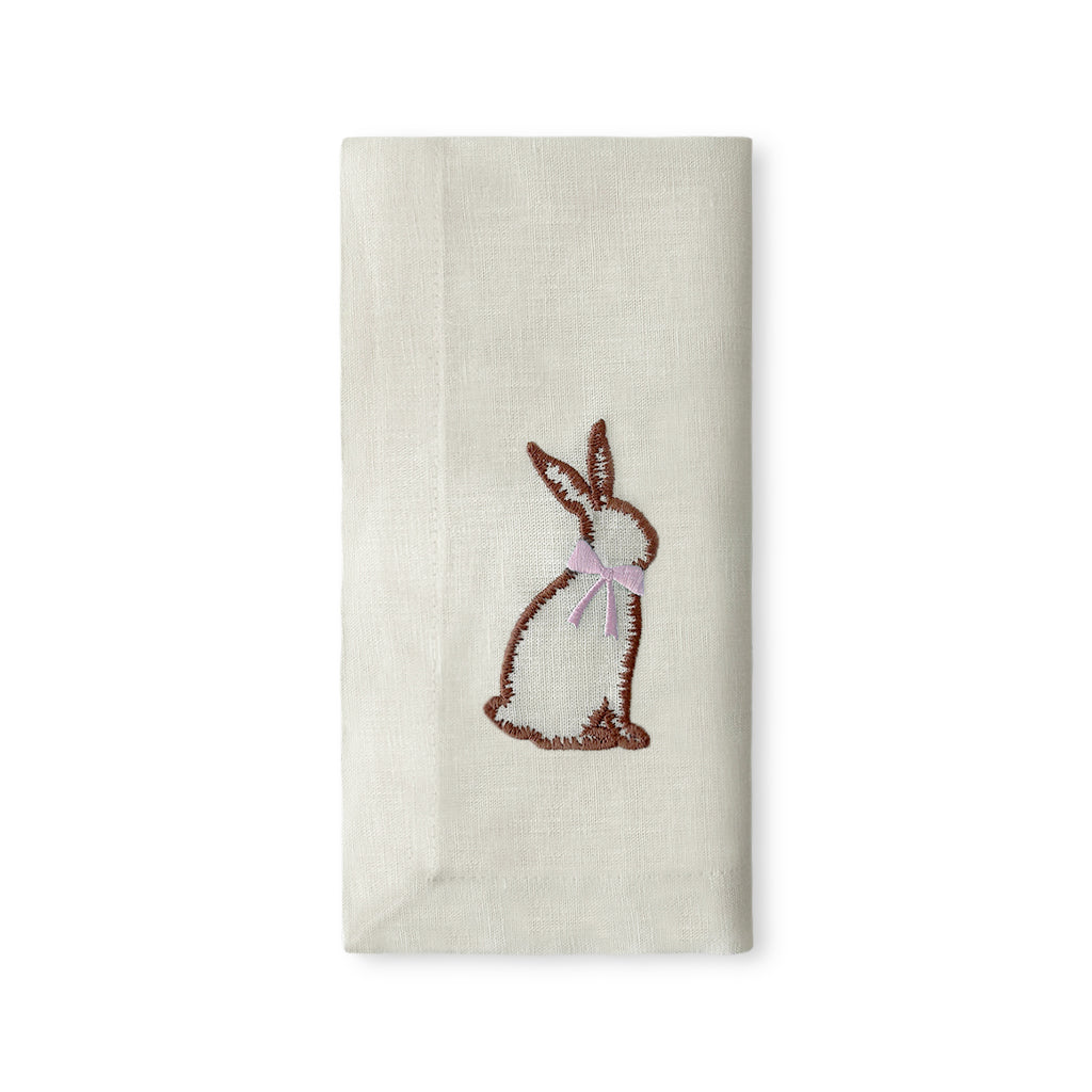 Servilleta de Lino Blanco con Bordado de Conejo con Moño Rosa, para Mesas de Pascua, marca Zash