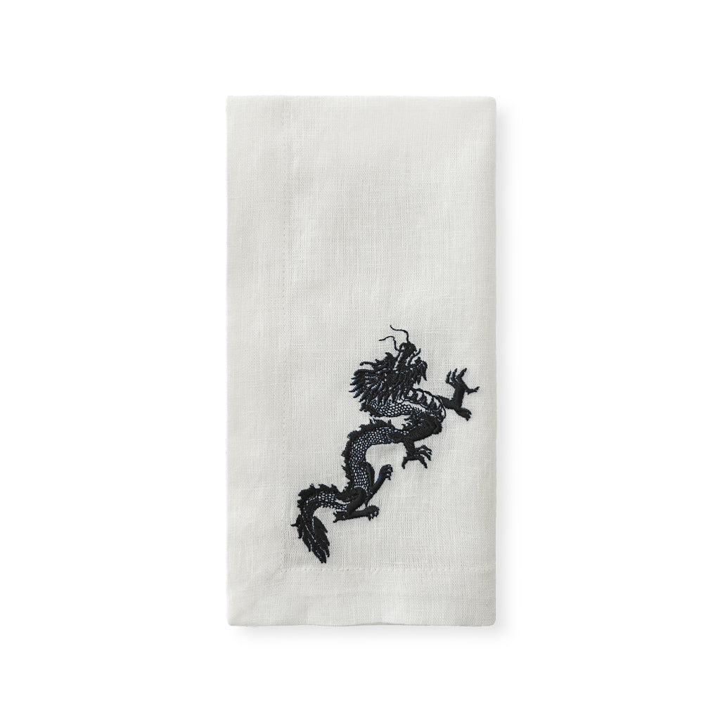Servilleta de Lino Blanco con Bordado de Dragón en Negro, marca Zash