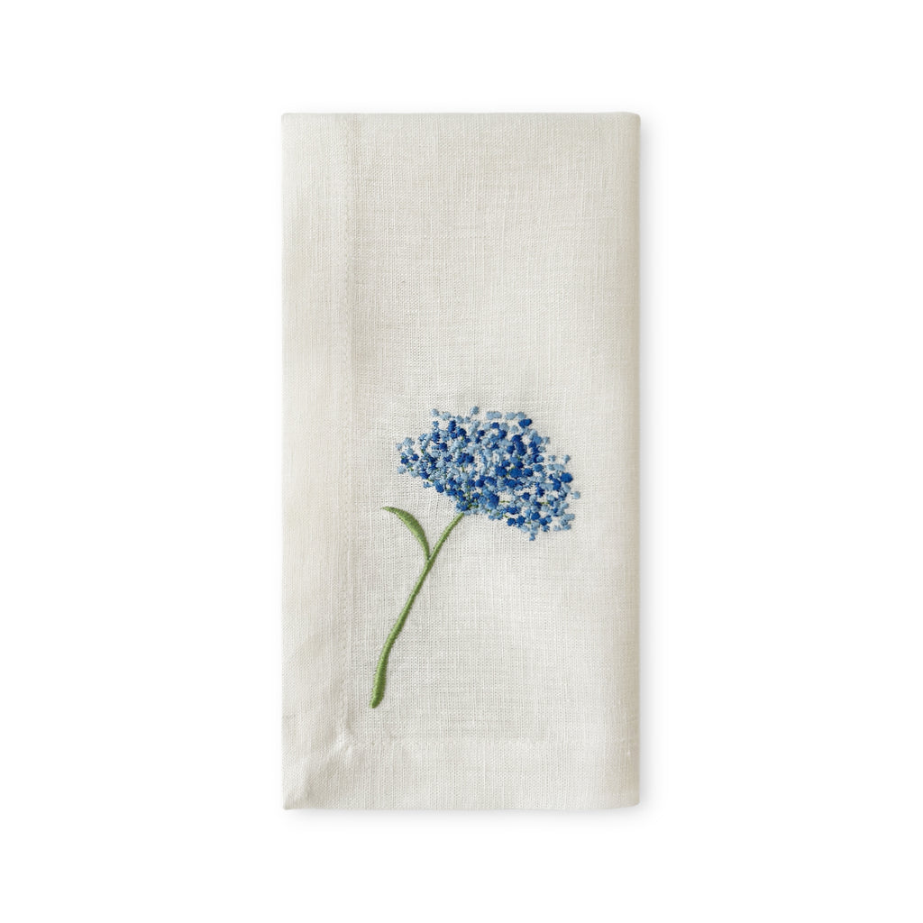 Servilleta de lino blanco con bordado de flor hortensia azul, marca Zash