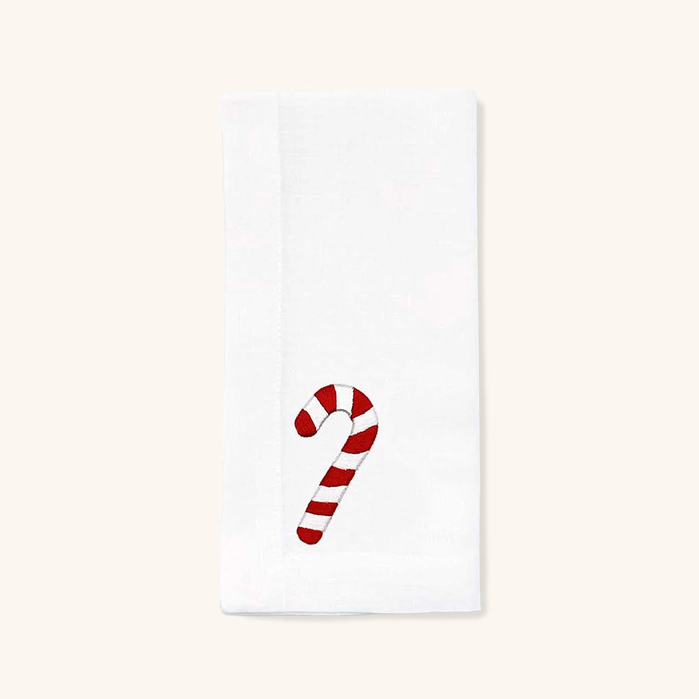 Servilleta en Lino Blanco con Motivo de Candy Cane. 