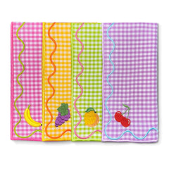 Servilletas Tutti Frutti en Mascota de Algodón de Colores con Bordado de Frutas. Set de 4