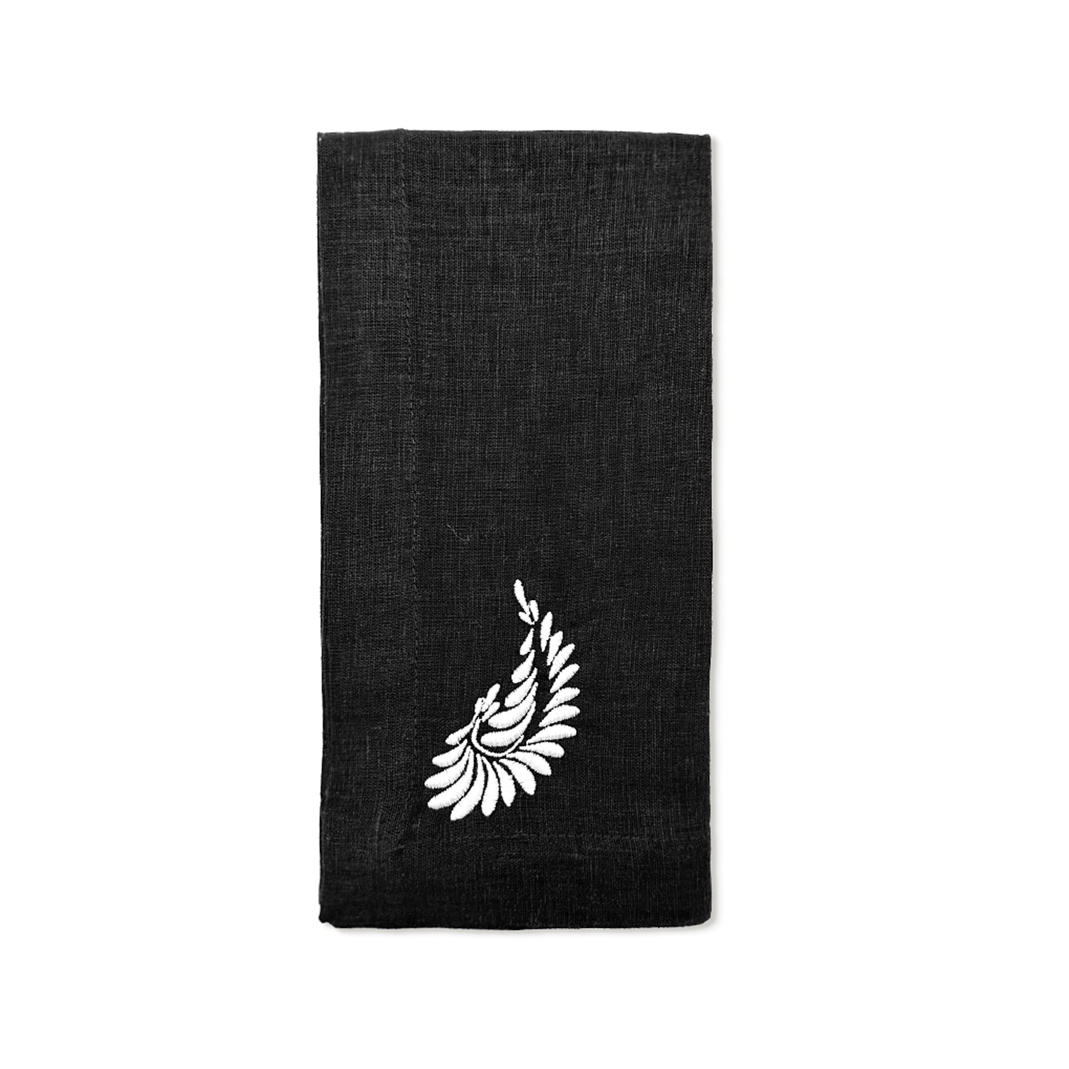 Servilleta Silvia de lino negra con bordado de pluma en blanco, marca Zash