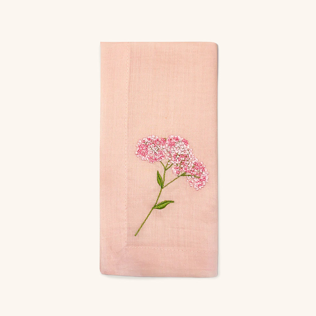 Servilletas Bouquet en Lino Rosa con Bordado de Flor. Set de 4
