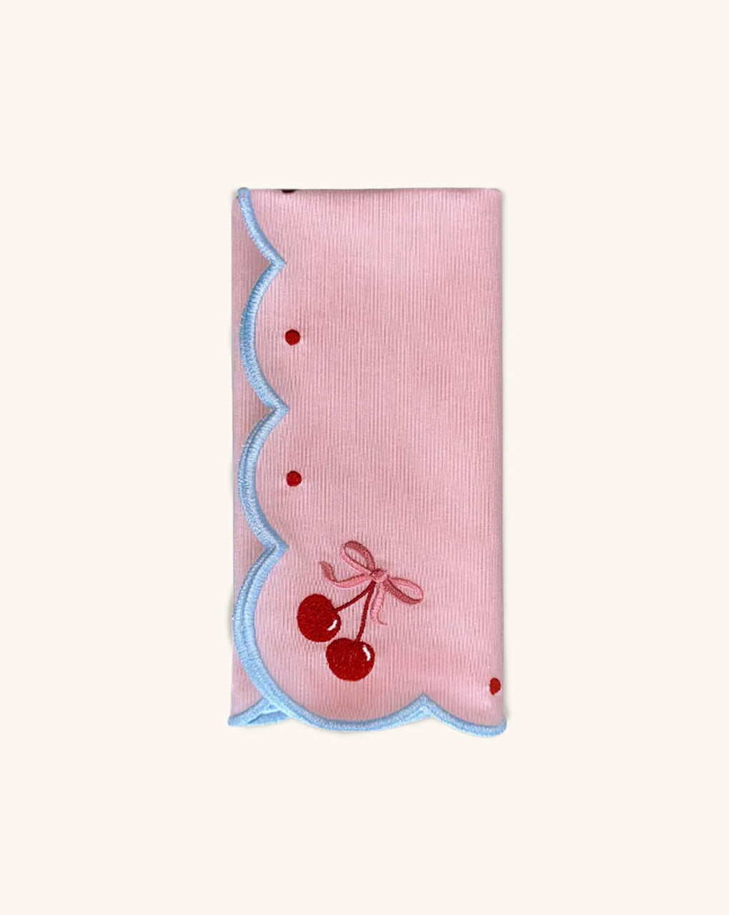 Servilletas Cherry en Algodón Rosa con Bordado de Moño y Cerecitas. Set de 4