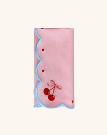 Servilletas Cherry en Algodón Rosa con Bordado de Moño y Cerecitas. Set de 4