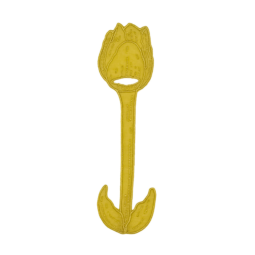 Servilletero de lino en forma de Tulipán en color verde olivo con orilla bordada en ocre, marca Zash