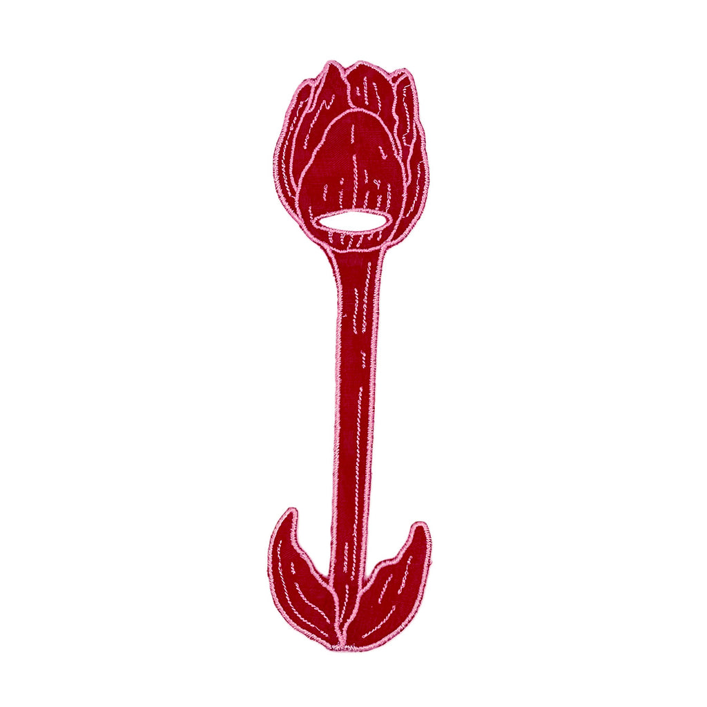 Servilletero de lino en forma de flor Tuipán en color rojo con orilla bordada en rosa, marca Zash