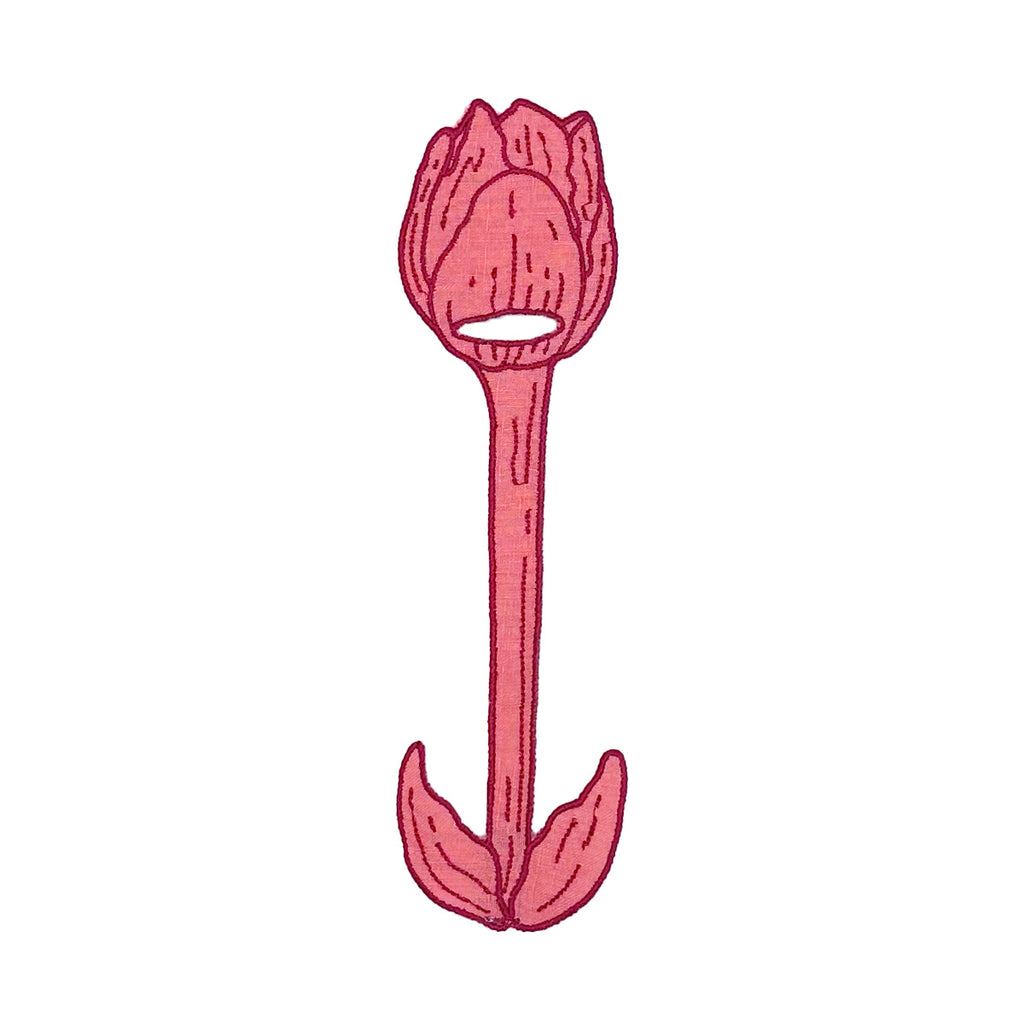 Servilletero de lino en forma de flor Tulipán color rosa con orilla bordada en rojo, marca Zash