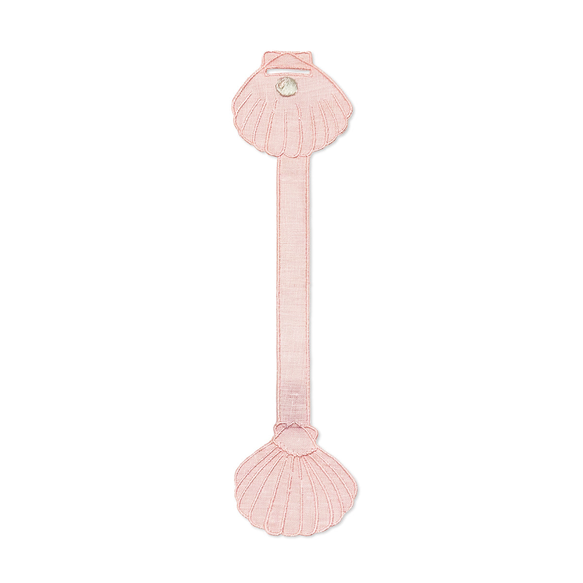 Servilletero de lino color rosa claro en forma de ostra de mar con su perla, marca Zash