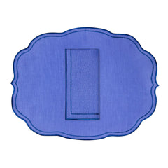 Mantelería Sofía con Individual y Servilleta en Lino Azul y Bordado en Azul. Set para 4 personas