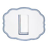 Mantelería Sofía con Individual y Servilleta en Lino Blanco y Bordado en Azul. Set para 4 personas