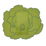 Set de Mantelería con Individuales Veggies en Algodón Verde Bordado de Repollo y Servilletas Veggies en Algodón Verde Bordado con Verduras. Para 4 personas