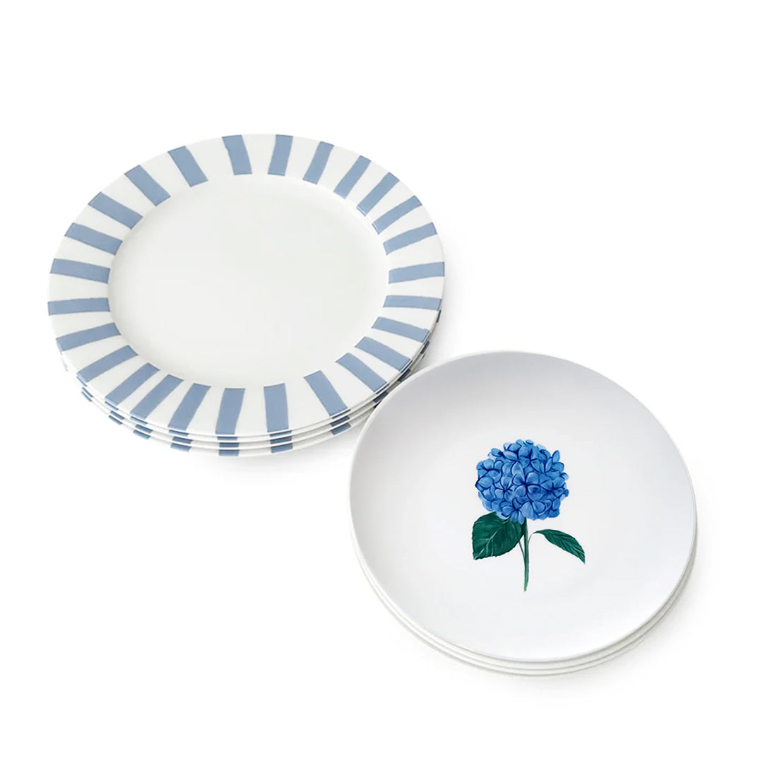 Set de vajilla de porcelana con platos trinche de rayas azul claro y plato de ensalada con hortensia, marca Zash