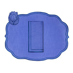 Set de mantelería completo Sofía de lino azul con bordado azul con Individual, Servilleta y Servilletero, marca Zash