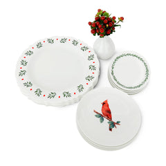 Set Completo de Vajilla Red Bird para 4 Personas con Platos Trinche con Ondas y Cerezas Navideñas, Platos de Ensalada con Cardenal y Platos de Pan con Guirnalda Verde