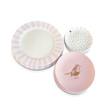 Vajilla con Platos Trinche Candy Cane Rosa Claro, Platos para Ensalada Rosa con Pájaro y Platos para Pan de con Puntitos y Catarina. Set de 4