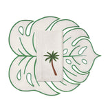 Individual de Hoja Tropic Arena con Orilla Verde y Servilletas con Bordado de Palmera. Set de 4