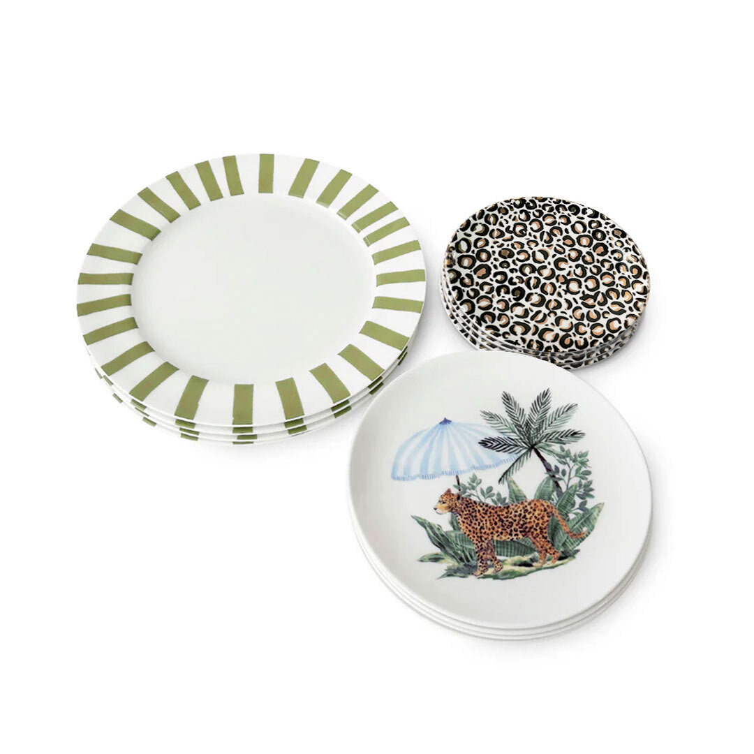 Set de vajilla de porcelana con platos trinche de rayas verdes, platos de ensalada con Leopardo y sombrilla y platos de pan de cheetah print con oro. 